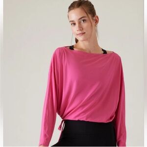 Athleta Cool Down Pink Long Sleeve Boat Neck Cinched Hem Athletic Top Size M